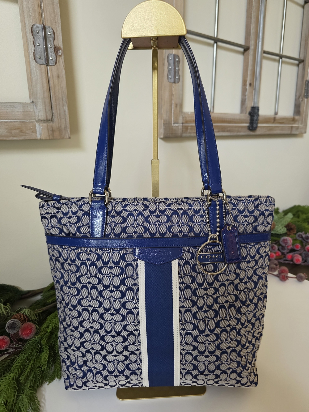 Coach Signature Stripe Tote Blue Jacquard Y2K Shoulder Bag - Picture 9 of 14